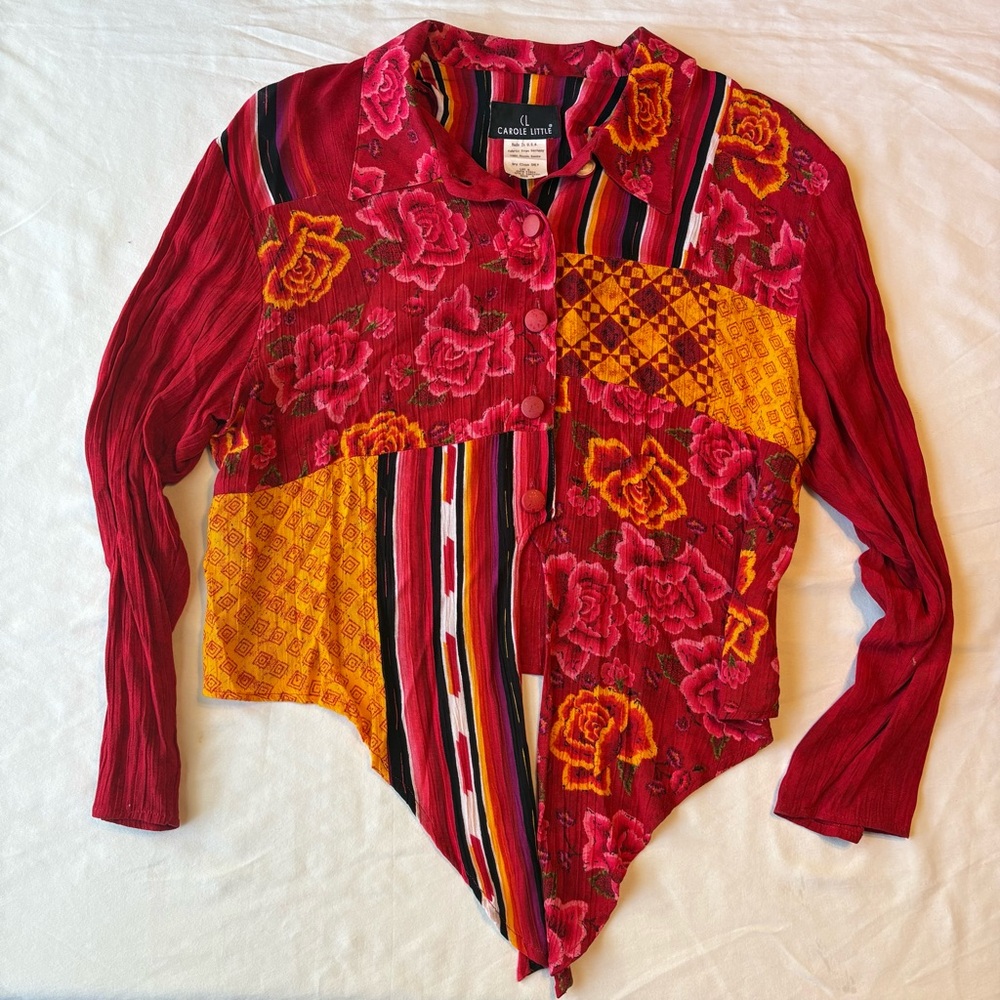 Vintage Carole Little Red long-sleeve button down blouse patchwork and floral